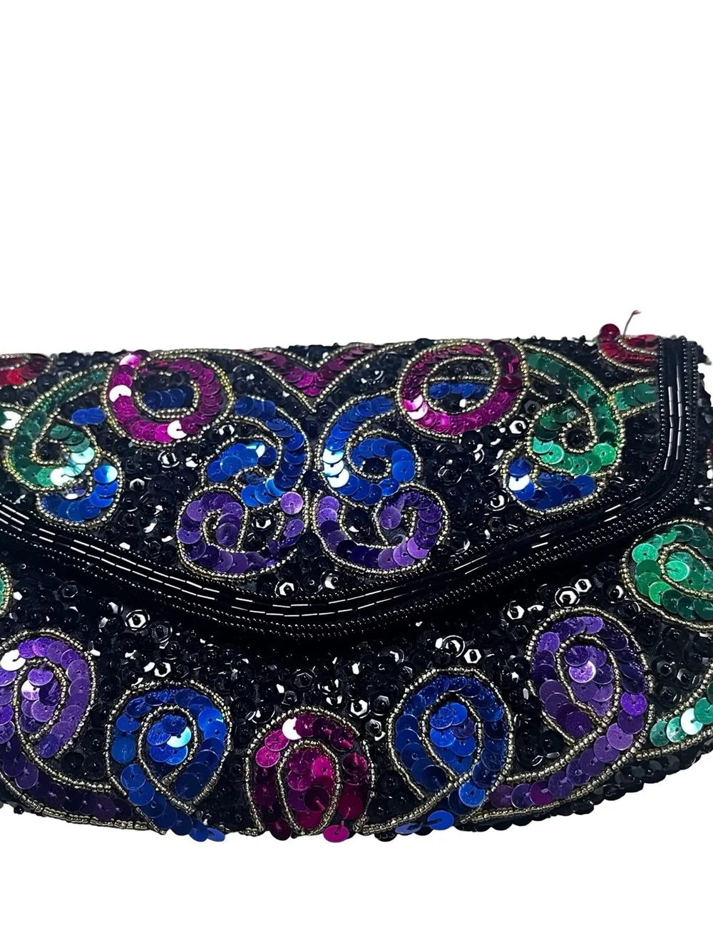 Vtg Multicolor Sequin Hand Beaded Evening Clutch Bag Black Seed Bead Cocktail